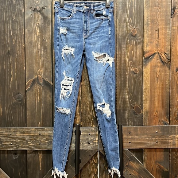 American Eagle Jeans Highest Rise Jegging 6 X-Long Ankle Skinny Stretch Destroy - Picture 1 of 11